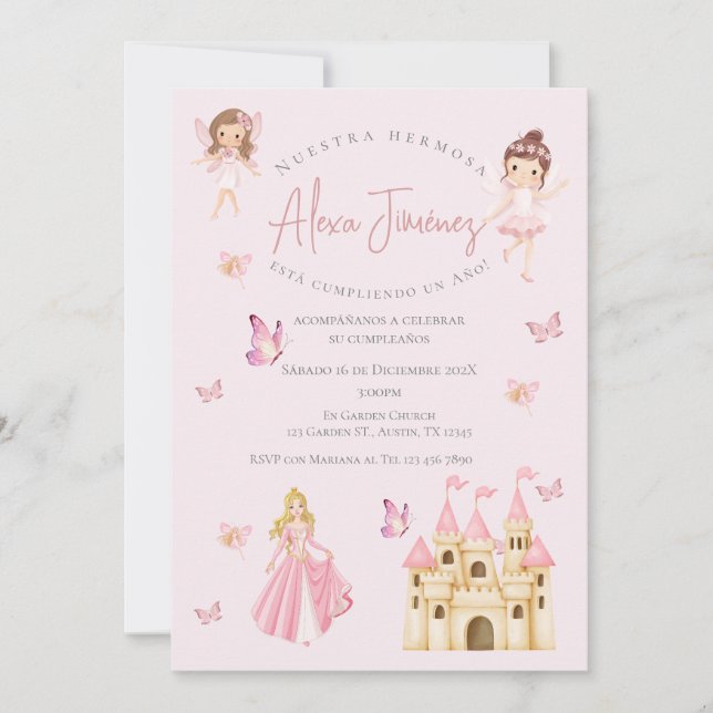 Invitación Mariposas y princesas primer cumpleaños en español (Anverso)
