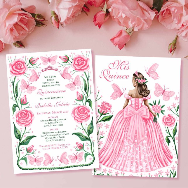 Invitación Mariposas y Rosas Princesa Rosa Quinceanera (Butterflies and Roses Pink Princess Quinceanera Invitation)