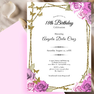 Invitación Mariposas y Rosas Rosadas Cumpleaños 18º Debut