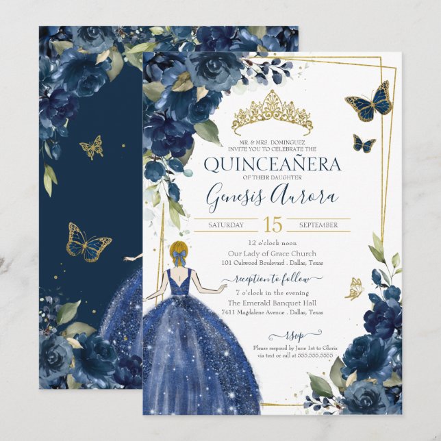Invitación Mariposas y vestidos florales azules de la Marina  (Anverso / Reverso)
