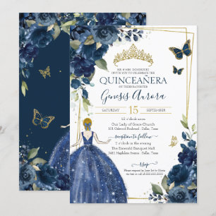 Invitación Mariposas y vestidos florales azules de la Marina