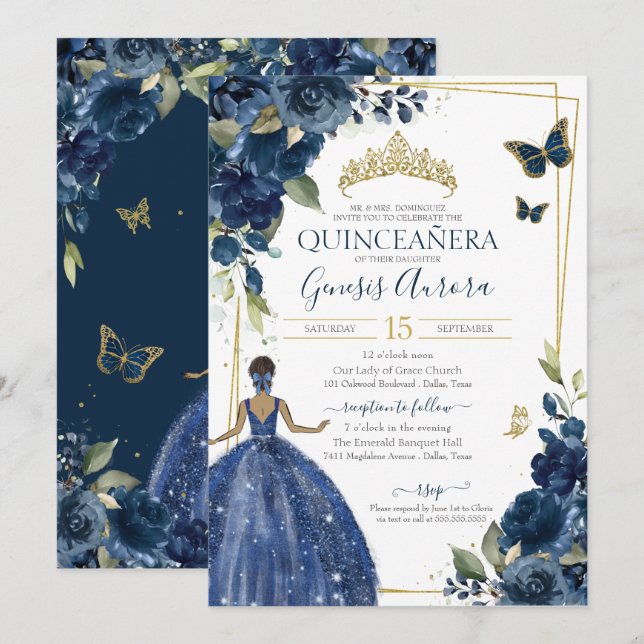 Invitación Mariposas y vestidos florales azules de la Marina  (Anverso / Reverso)
