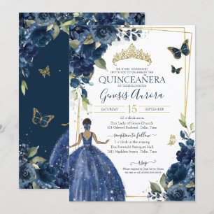 Invitación Mariposas y vestidos florales azules de la Marina