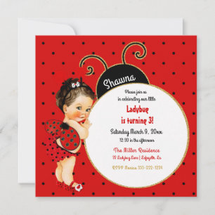 Invitación Mariquita Bebé Niña Rojo Negro