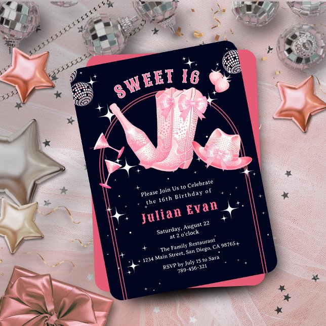 Invitación Mariquita de vaca espumosa azul y dulce rosa 16 cu (Sparkle Cowgirl Navy Blue & Pink Sweet 16 Birthday Invitation)