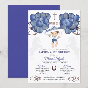 Invitación Mariscal de Bebé Mexicano Azul y Plata Bautismo Ch