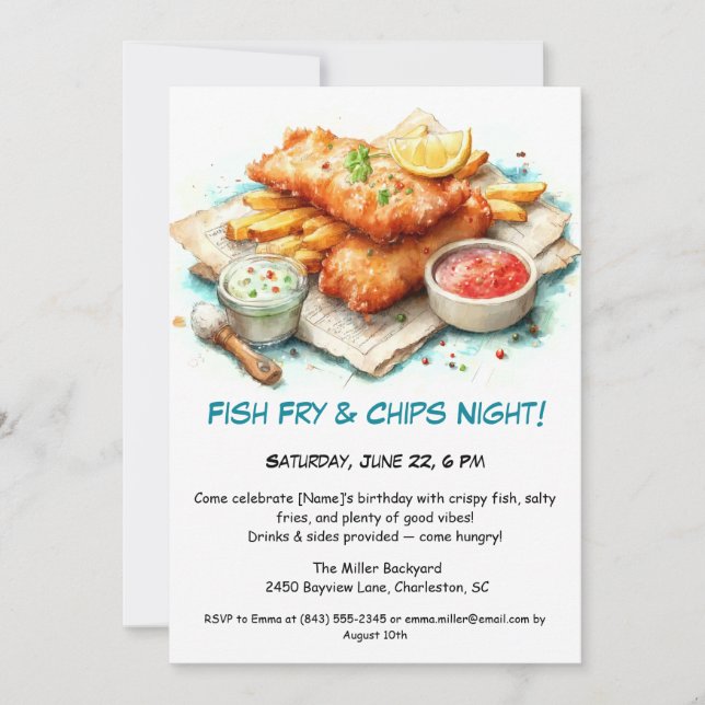 Invitación Mariscos Casuales - Pescados y Chips Cumpleaños (Anverso)