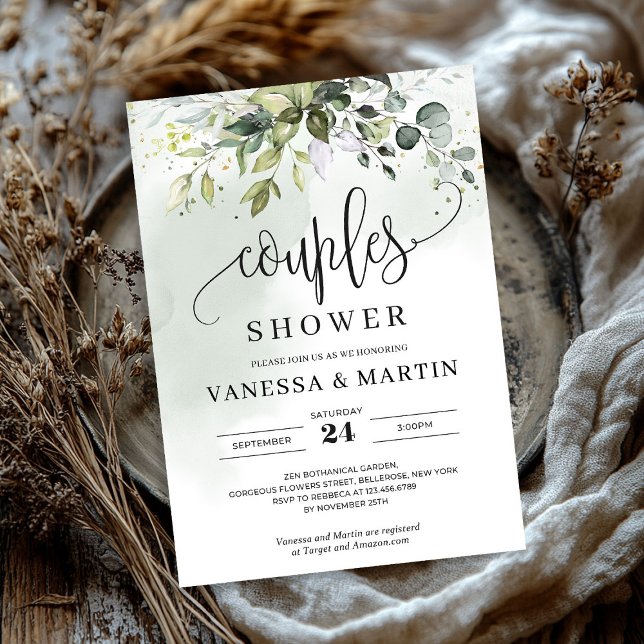 Invitación Mariscos de eucalipto ruidosos (Rustic greenery foliage eucalyptus couples shower invitation)