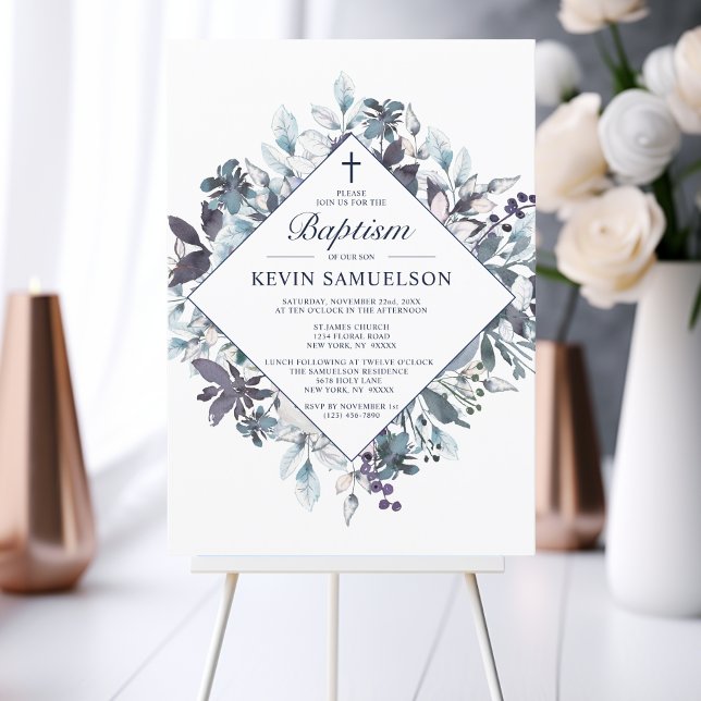 Invitación Marisma azul acuarela bautizo niño cristiano (Navy Blue Watercolor Baptism Christening Boy Invitation)