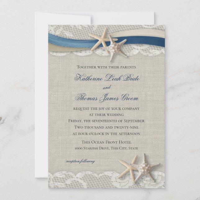 Invitación Marisma de mar Starfish y Ribbon Beach Azul y Cham (Anverso)