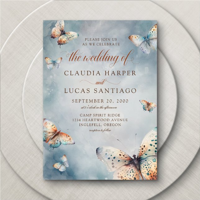 Invitación Mariterflies Watercolor Verde azulado Terracotta B (Subido por el creador)