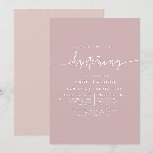 Invitación MARLO Boho Dusty Rosa Christening Rosa (Anverso / Reverso)