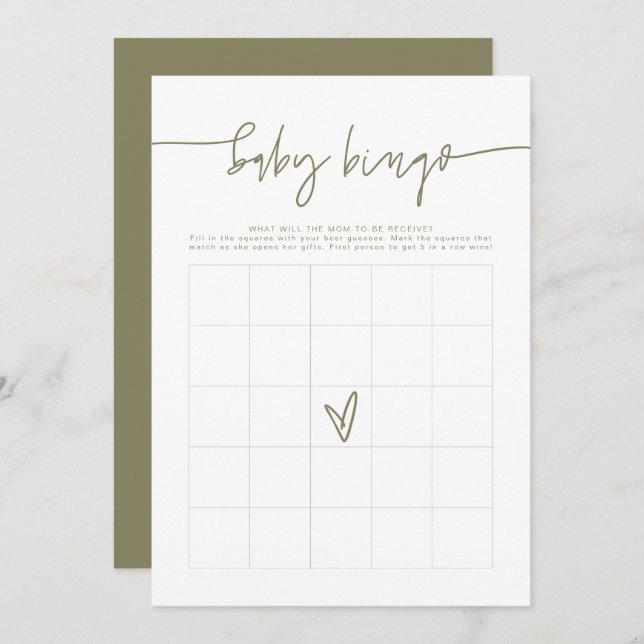 Invitación MARLO Boho Olive Green Baby Shower Bingo (Anverso / Reverso)