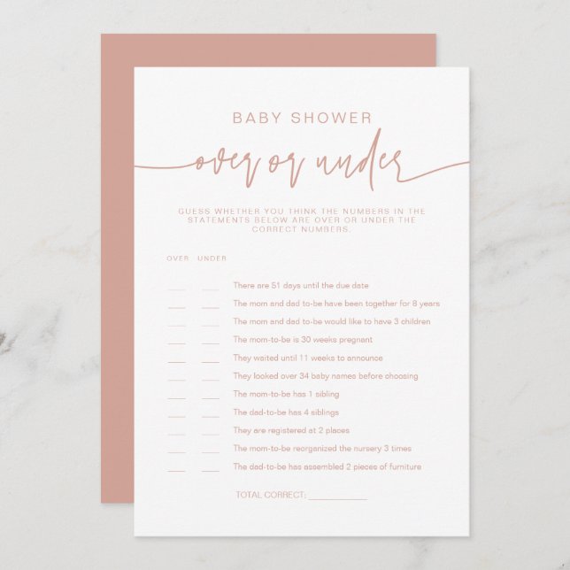 Invitación MARLO Boho Rubor Pink Over Under Baby Shower Game (Anverso / Reverso)