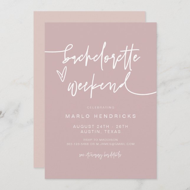 Invitación MARLO Dusty Rosa Bachelorette Weekend Itinerary (Anverso / Reverso)