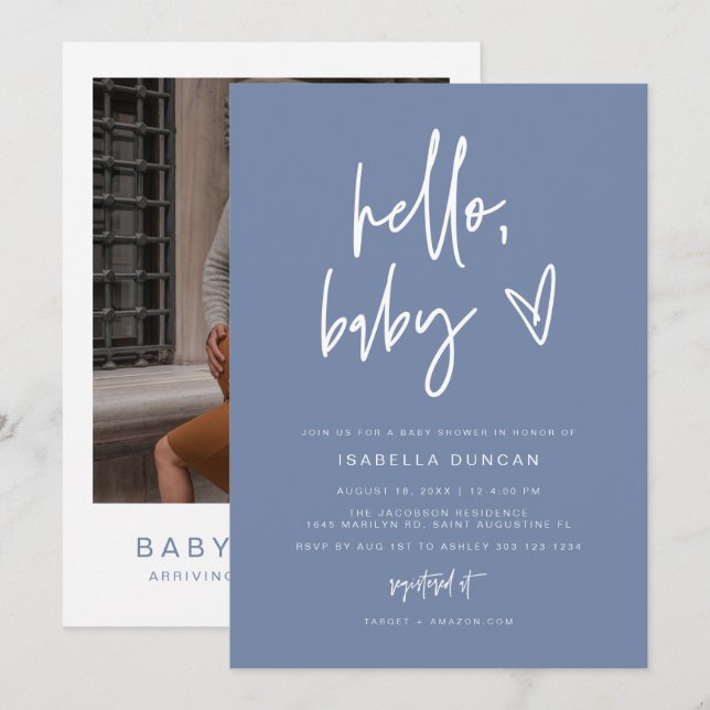 Invitación MARLO Modern Boho Dusty Blue Baby Shower (Anverso / Reverso)