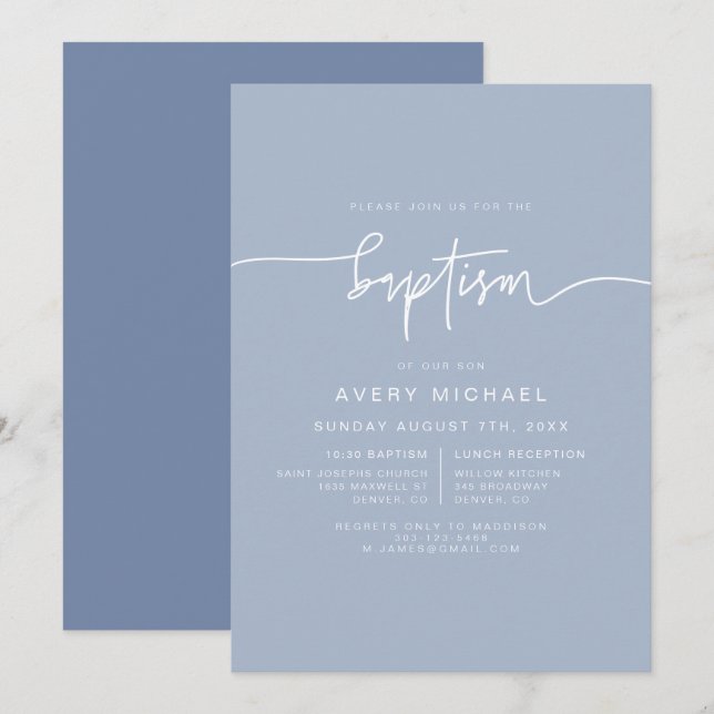 Invitación MARLO Moderno Boho Dusty Blue Boy Baptism (Anverso / Reverso)