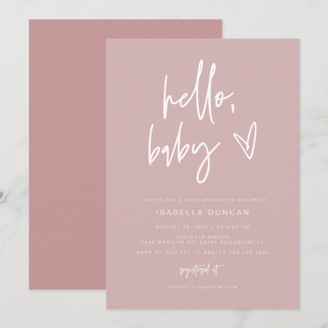 Invitación MARLO Moderno Rubor Dusty Rosa Chica Baby Shower (Anverso / Reverso)
