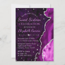 Invitación Mármol Ágata Purpura y Plata Brillante Dulces 16