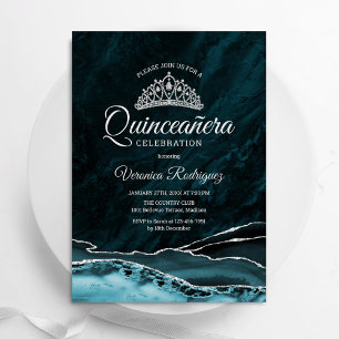 Invitación Mármol agrio de quinceañera de plata turquesa verd