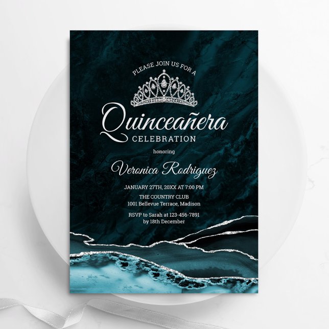 Invitación Mármol agrio de quinceañera de plata turquesa verd (Subido por el creador)