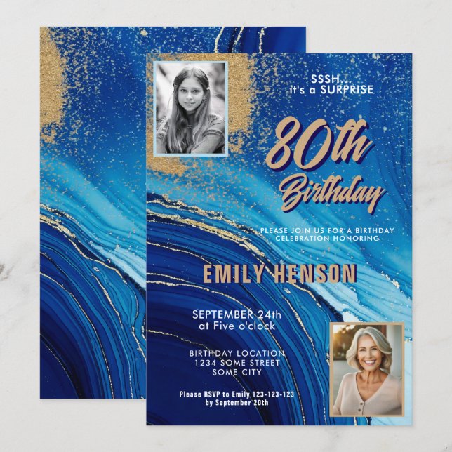 Invitación Mármol Azul Dorado Brillo 2 Foto 80 Cumpleaños (Anverso / Reverso)