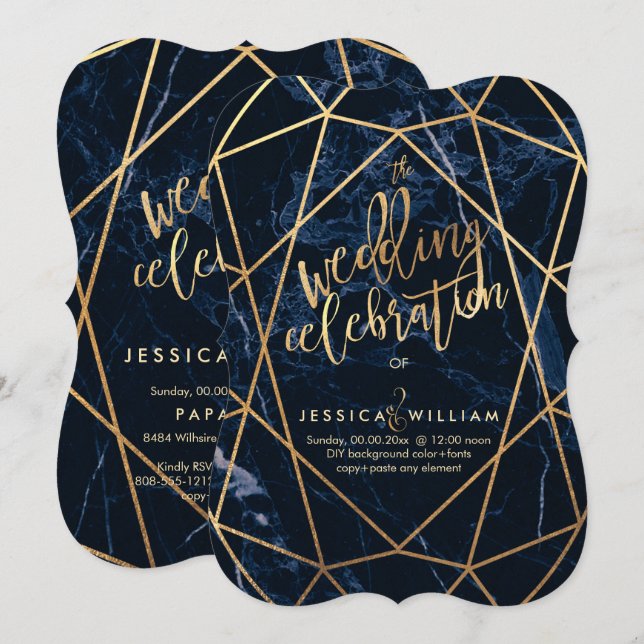 Invitación Mármol azul medianoche + Boda de oro falso (Anverso / Reverso)