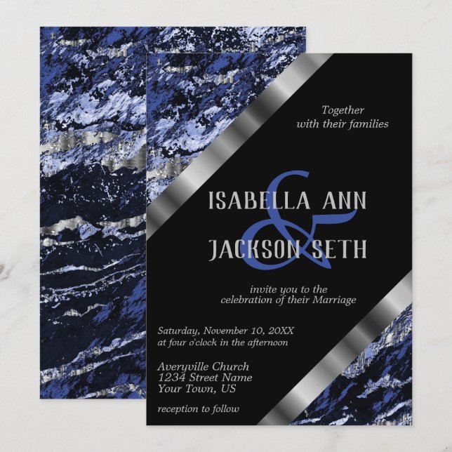 Invitación Mármol azul oscuro y plateado (Anverso / Reverso)