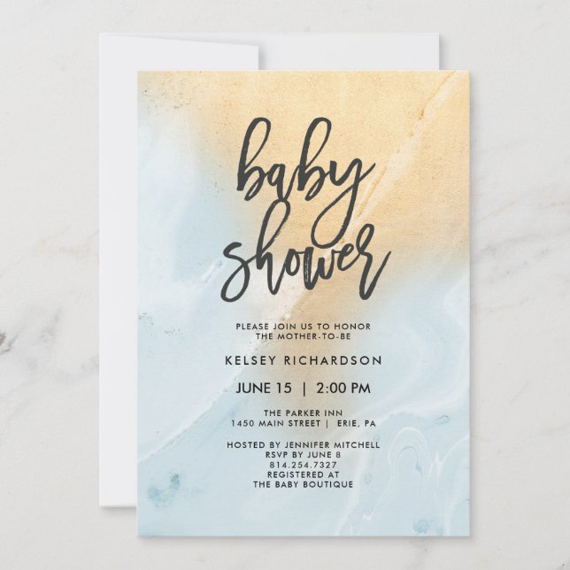 Invitación Mármol azul pastel y oro| Baby Shower (Anverso)