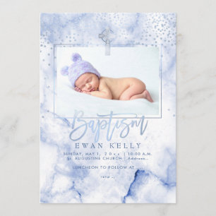 Invitación Mármol Azul PixDezines+Confetti/Bautismo