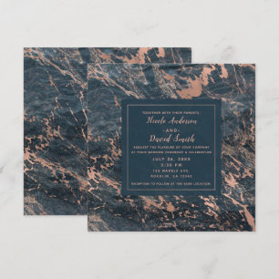Invitación Mármol azul rústico neblinoso y rosa glam dorado r