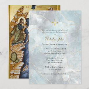 Invitación Mármol Azul Texturizado con Líneas Doradas Bautism