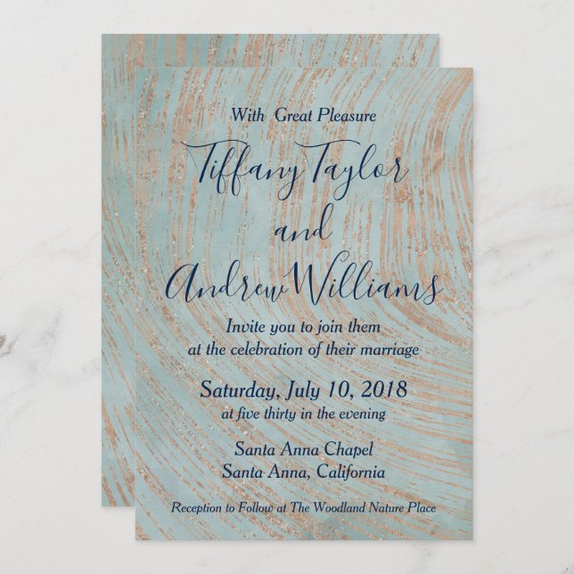 Invitación Mármol azul y Boda de cobre (Anverso / Reverso)