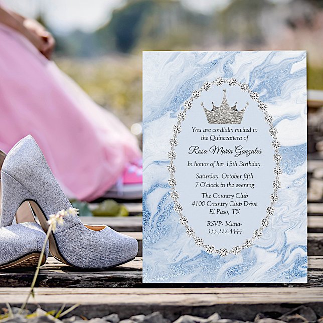 Invitación Mármol azul y diamantes coronan quinceañera (Subido por el creador)