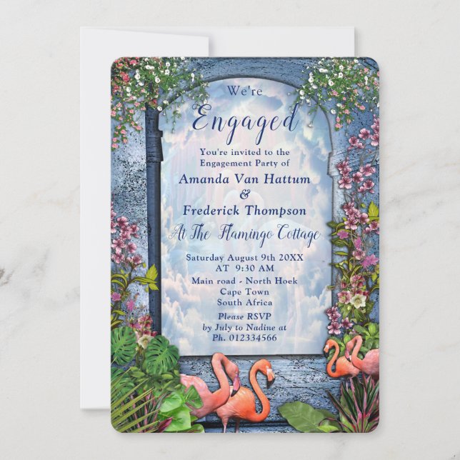 Invitación Mármol azul y flamencos rosados (Anverso)