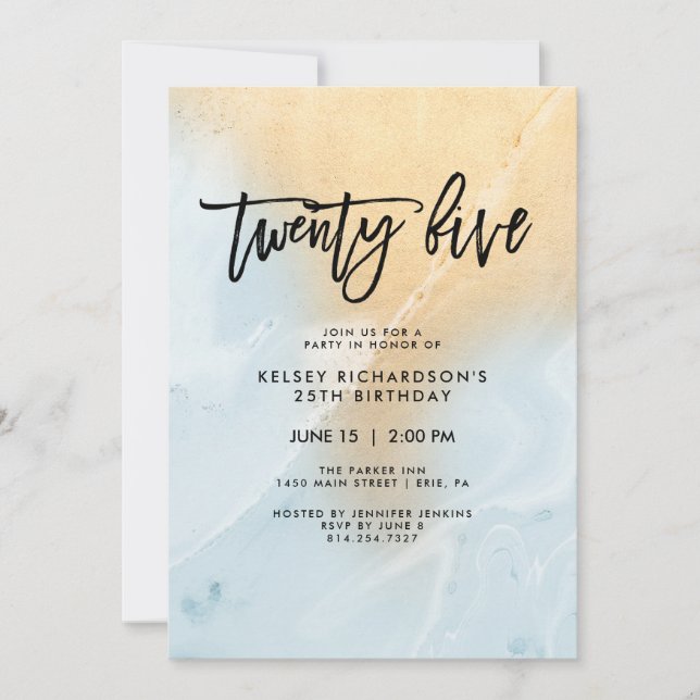Invitación Mármol azul y oro pastel | 25.ª fiesta de cumpleañ (Anverso)