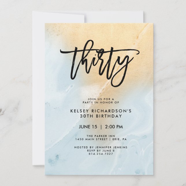 Invitación Mármol azul y oro pastel | 30.º Fiesta de cumpleañ (Anverso)