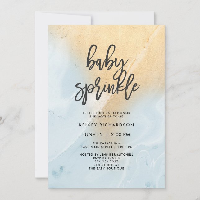 Invitación Mármol azul y oro pastel | Bebé Sprinkle (Anverso)