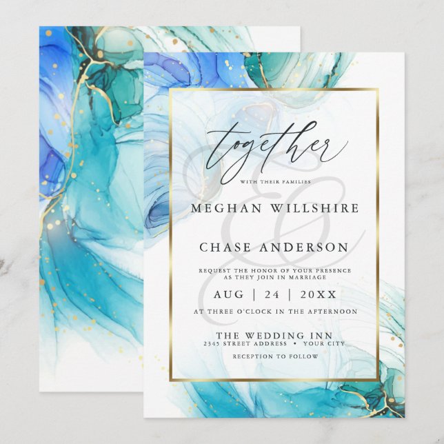 Invitación Mármol Azul y Turquesa con Salpicaduras de Tinta d (Anverso / Reverso)