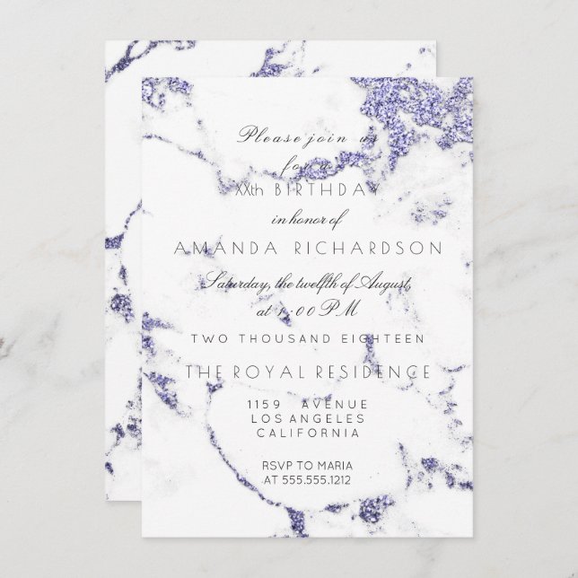 Invitación Mármol Blanco Carrara Índigo Glitter Elegante (Anverso / Reverso)