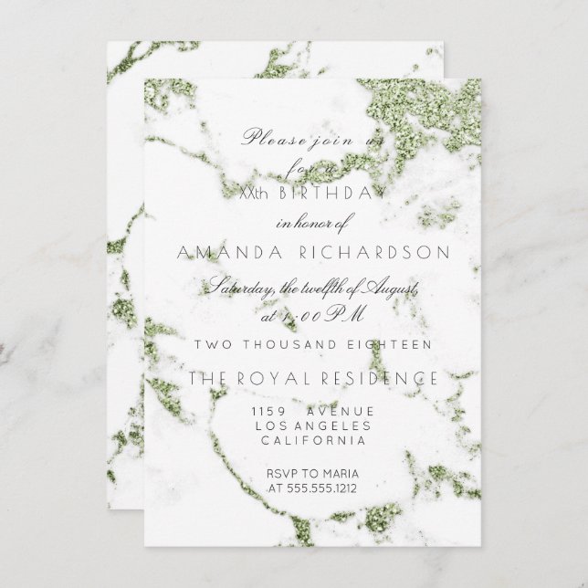 Invitación Mármol Blanco Carrara Menta Brillo Cumpleaños (Anverso / Reverso)