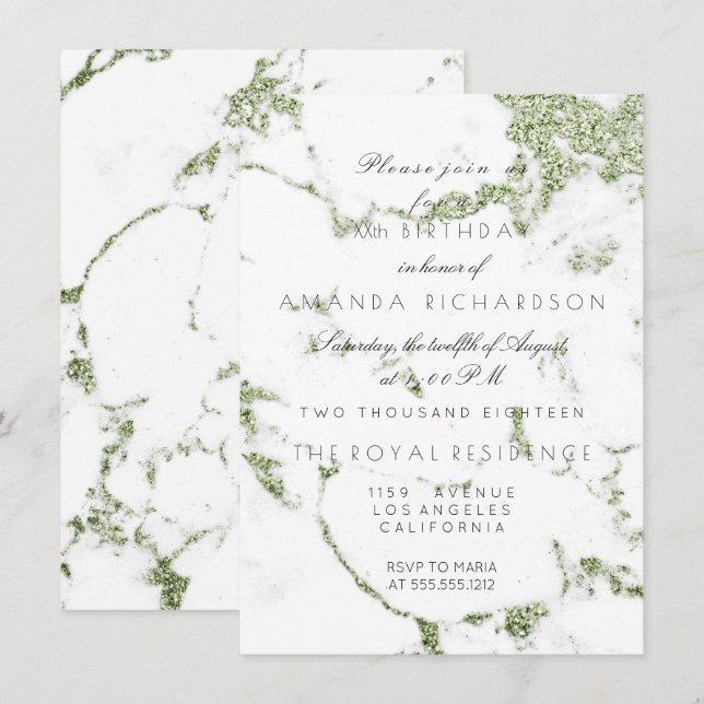 Invitación Mármol Blanco Carrara Menta Verde Brillo Cumpleaño (Anverso / Reverso)