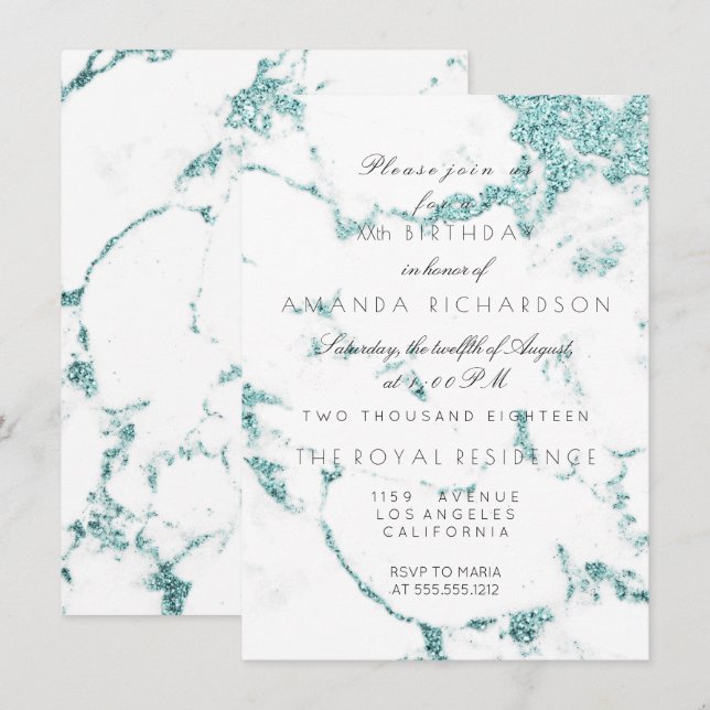 Invitación Mármol Blanco Carrara Tiffany Aqua Brillo Cumpleañ (Anverso / Reverso)