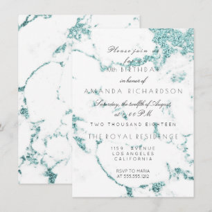 Invitación Mármol Blanco Carrara Tiffany Aqua Brillo Cumpleañ