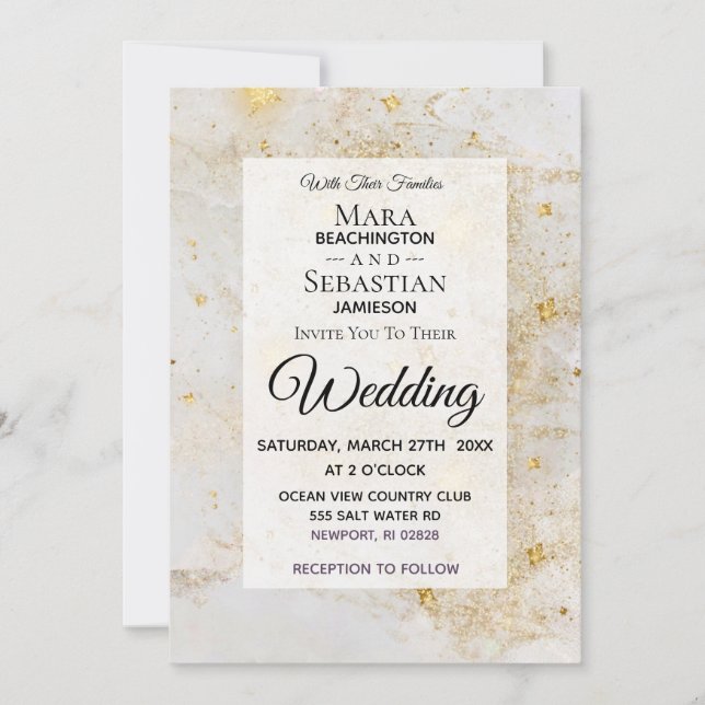Invitación ~ Mármol blanco con Boda de Purpurina de polvo de  (Anverso)