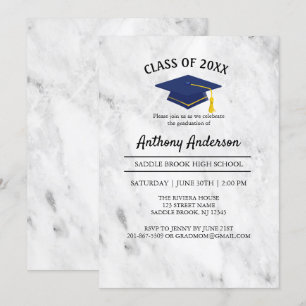 Invitación Mármol Blanco Con Graduación De Tapón Azul De Mari