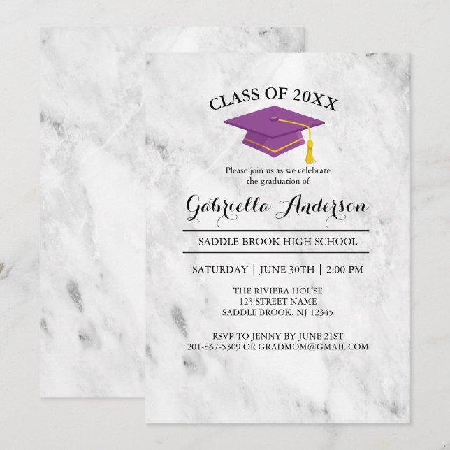 Invitación Mármol Blanco Con Graduación De Tapón De Grado Púr (Anverso / Reverso)