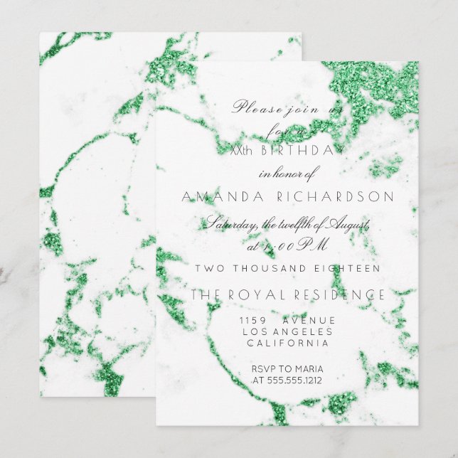 Invitación Mármol Blanco Cumpleaños Verde Esmeralda Brillante (Anverso / Reverso)