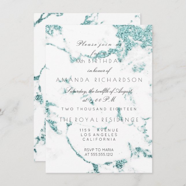 Invitación Mármol Blanco de Carrara Tiffany Aqua Purpurina Cu (Anverso / Reverso)