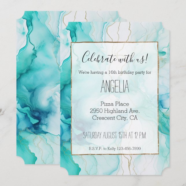 Invitación Mármol Blanco Dorado Aqua Mint (Anverso / Reverso)